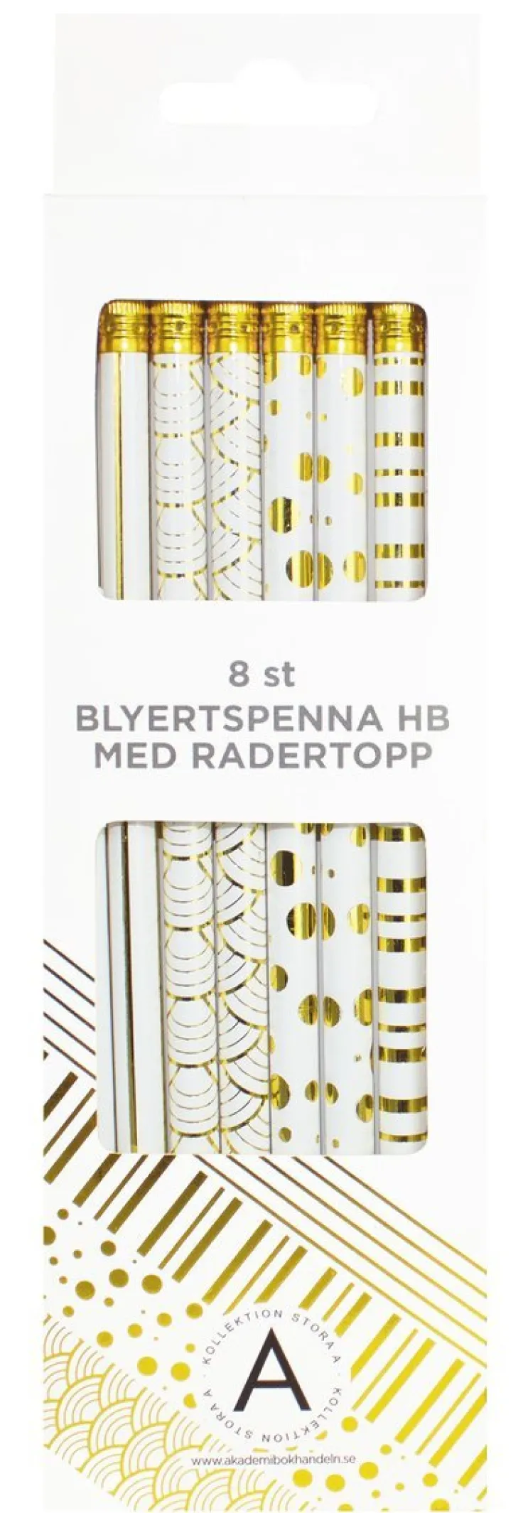 Blyertspenna med radertopp 8-pack vit/guld