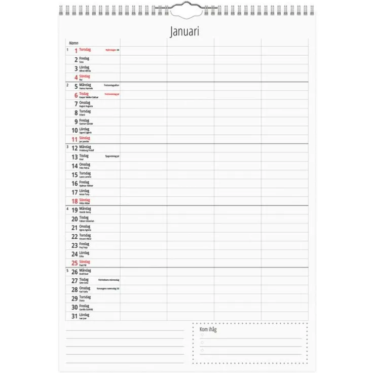 Familjekalender 2026 A4 4 kolumner