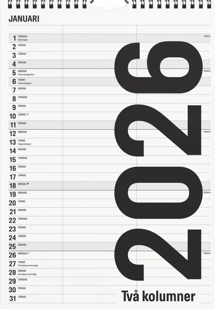 Familjekalender 2026 Black and white 2 kolumner