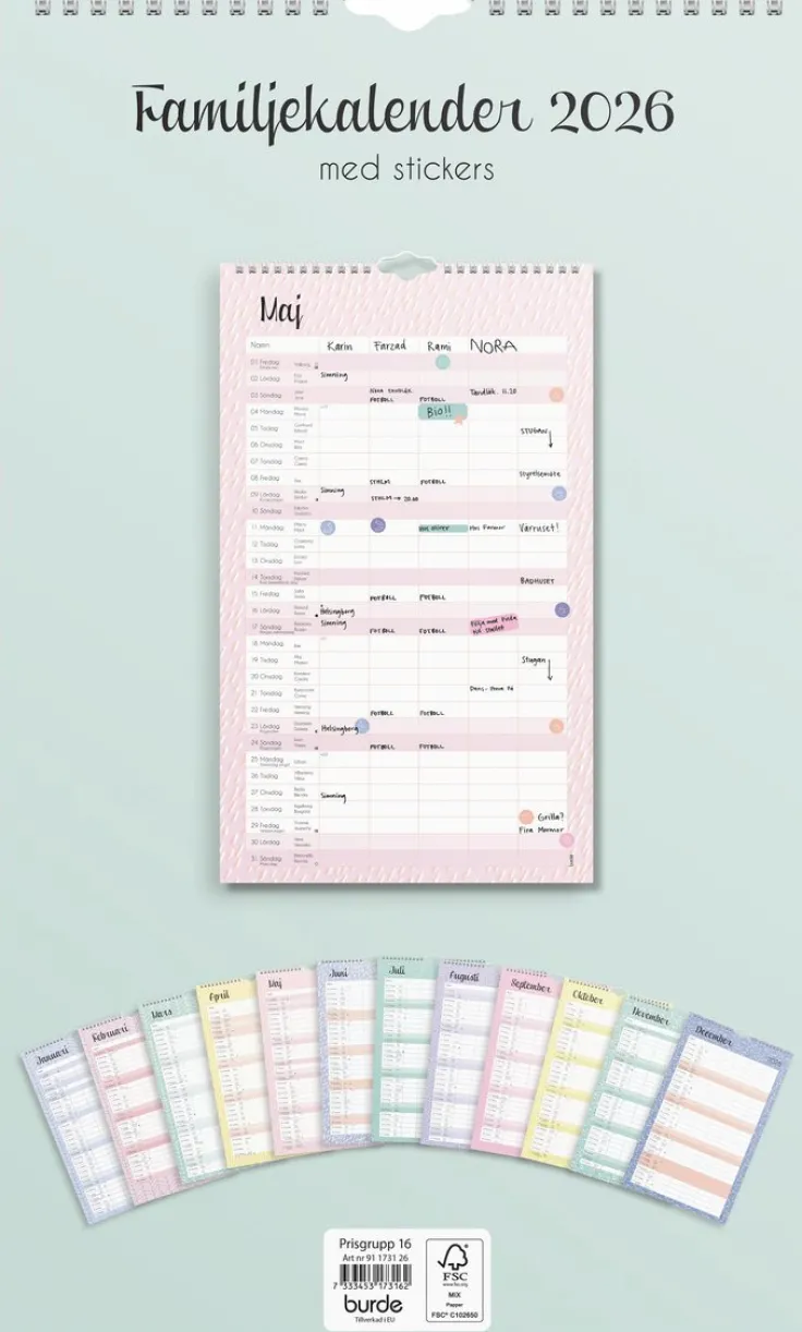 Familjekalender 2026 Pastell stickers