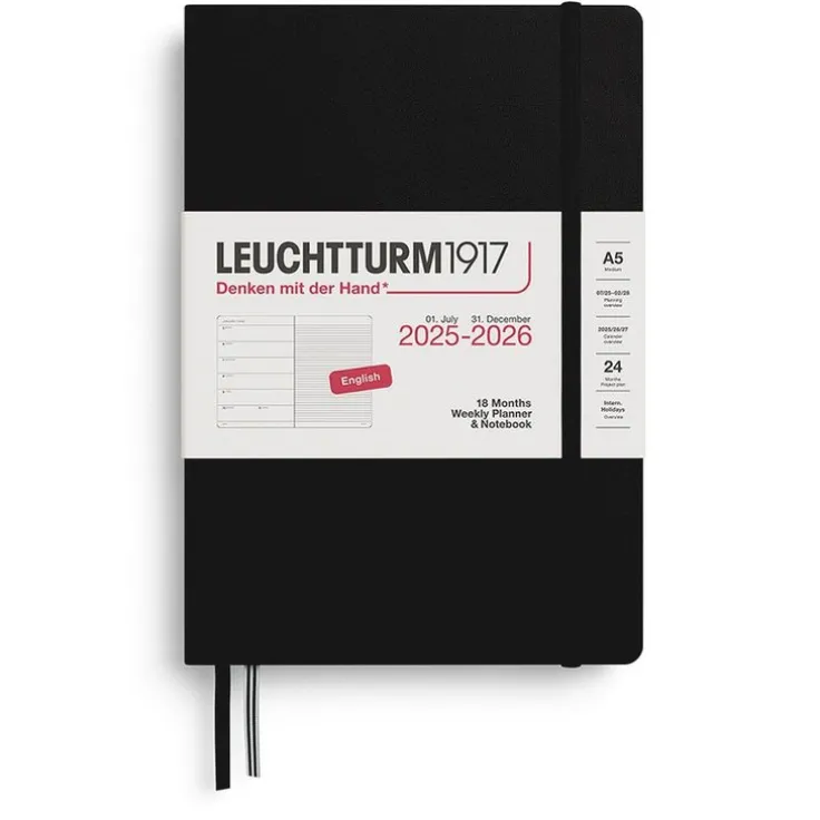 Kalender 2025-2026 Leuchtturm A5 Vecka/Uppslag notes 18mån svart