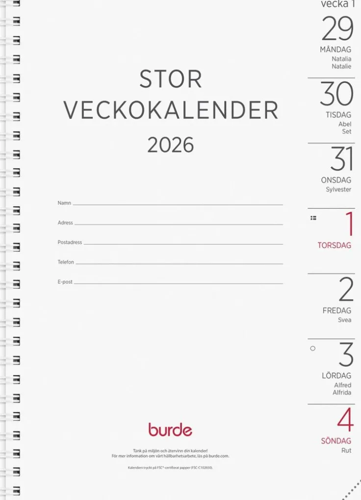Kalender 2026 Stor Veckokalender refill