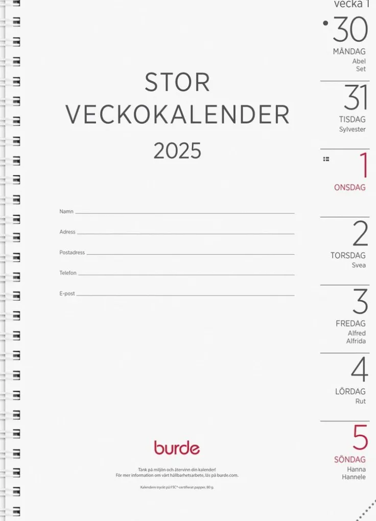 Kalender 2025 Stor Veckokalender refill