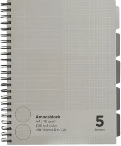 Ämnesblock A4 5 flikar - grå inlaga/vita linjer