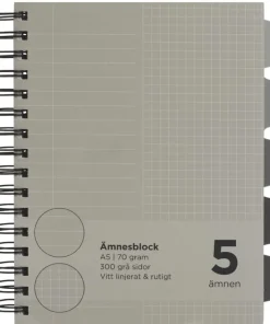 Ämnesblock A5 5 flikar - grå inlaga/vita linjer