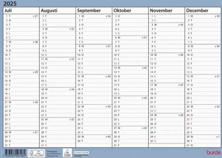 Väggkalender 2025-2026 Väggblad A4